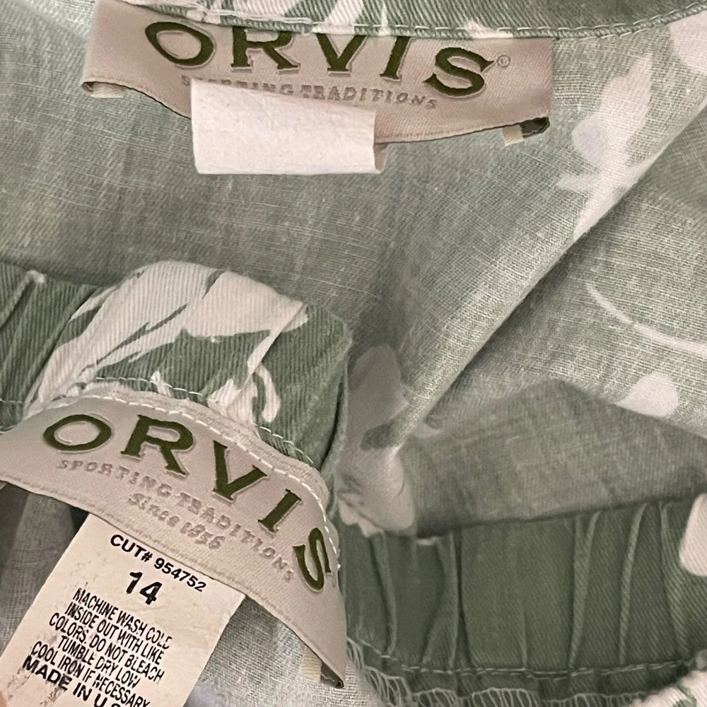 Orvis Pant Set Women 14 Green Floral Cotton‎ Jacket Elastic Waist Botanical USA